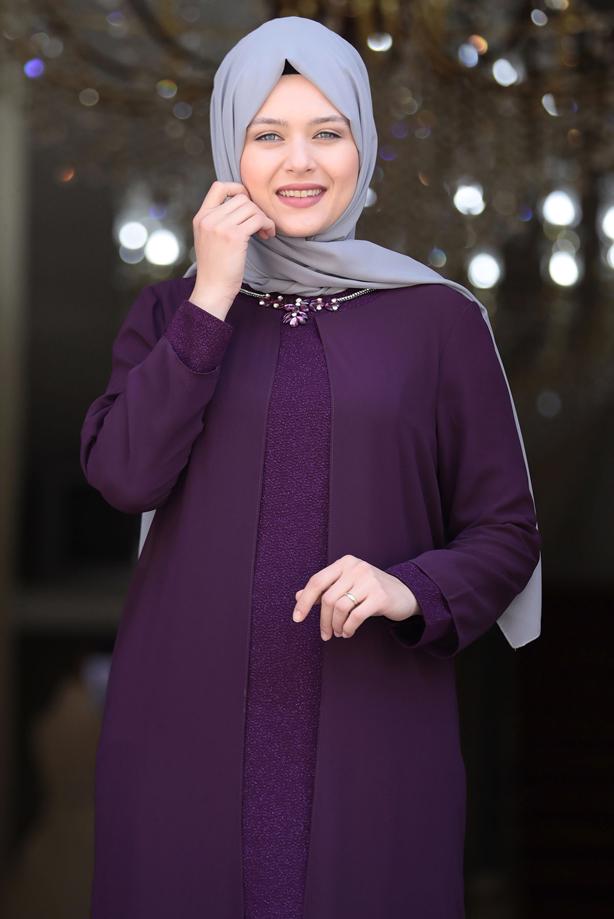 Tesettür giyim MOR BÜYÜK BEDEN ŞİFON ABİYE ELBİSE T 5033 - TRENDTESETTÜR
