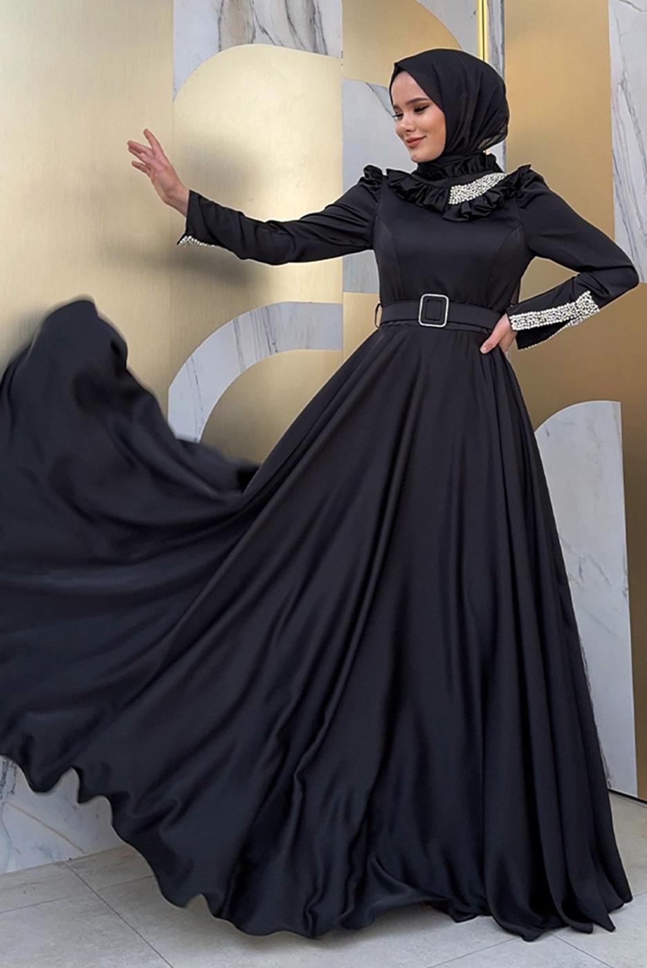 Tesettür giyim SİYAH TAŞ DETAYLI ABİYE ELBİSE T 5511