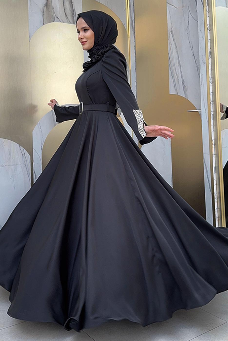 Tesettür giyim SİYAH TAŞ DETAYLI ABİYE ELBİSE T 5511
