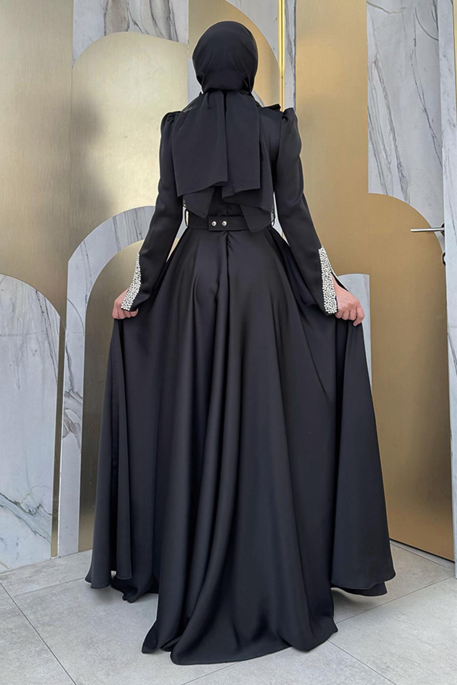Tesettür giyim SİYAH TAŞ DETAYLI ABİYE ELBİSE T 5511