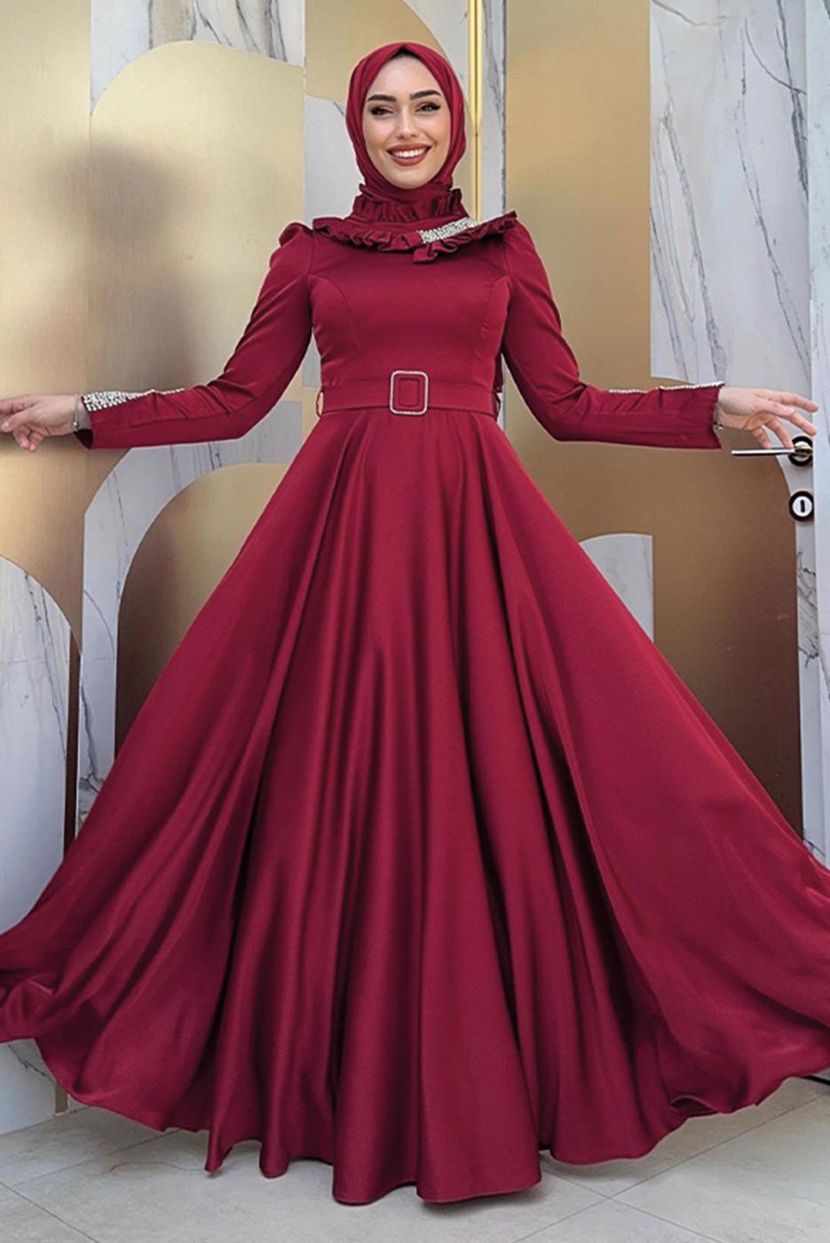 Tesettür giyim BORDO TAŞ DETAYLI ABİYE ELBİSE T 5511