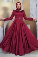 Tesettür giyim BORDO TAŞ DETAYLI ABİYE ELBİSE T 5511