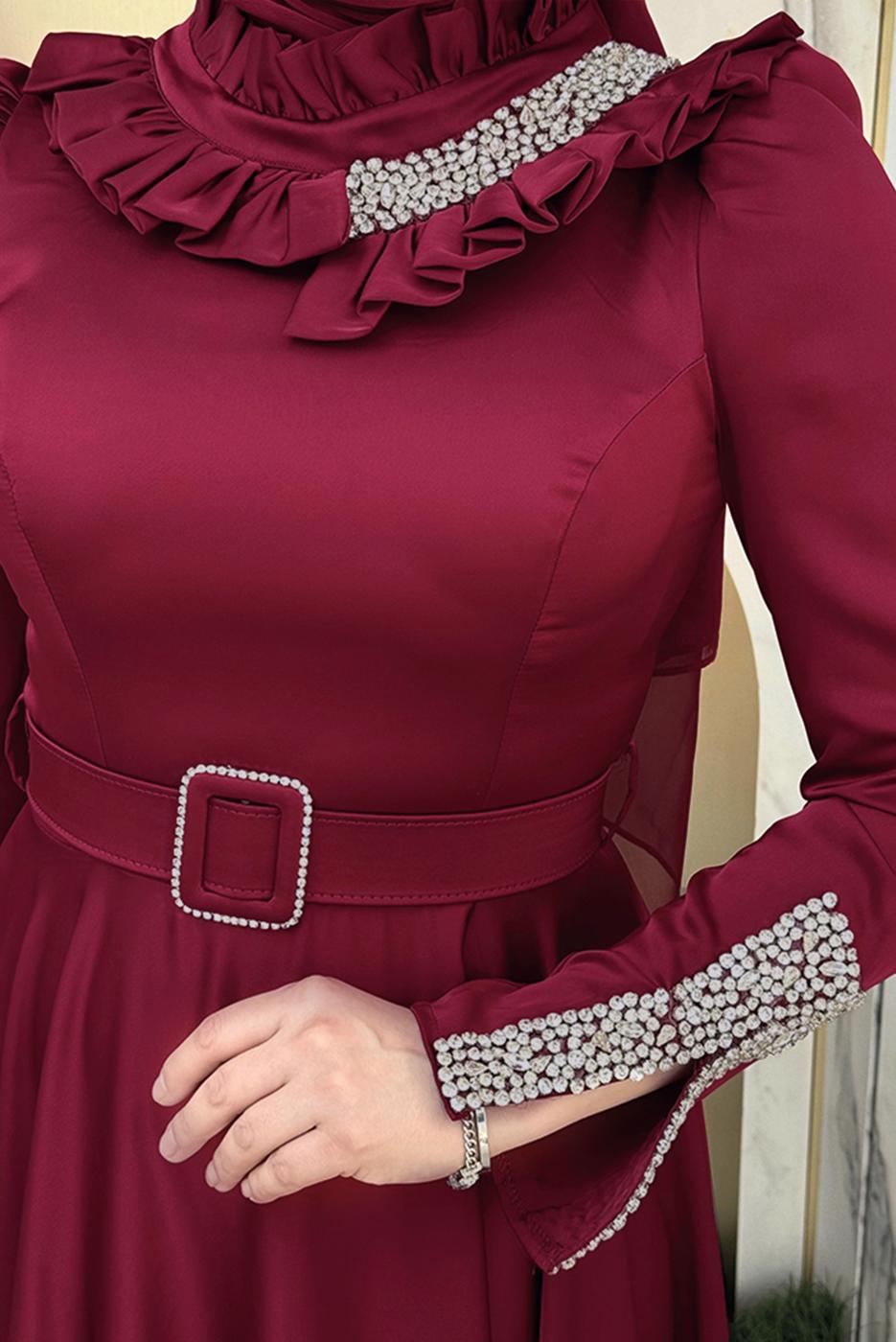 Tesettür giyim BORDO TAŞ DETAYLI ABİYE ELBİSE T 5511