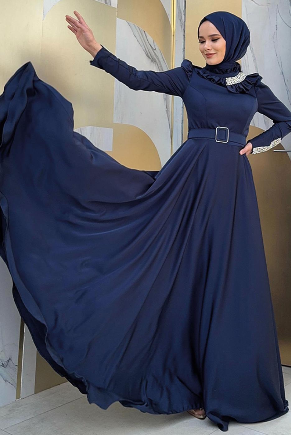 Tesettür giyim LACİVERT TAŞ DETAYLI ABİYE ELBİSE T 5511