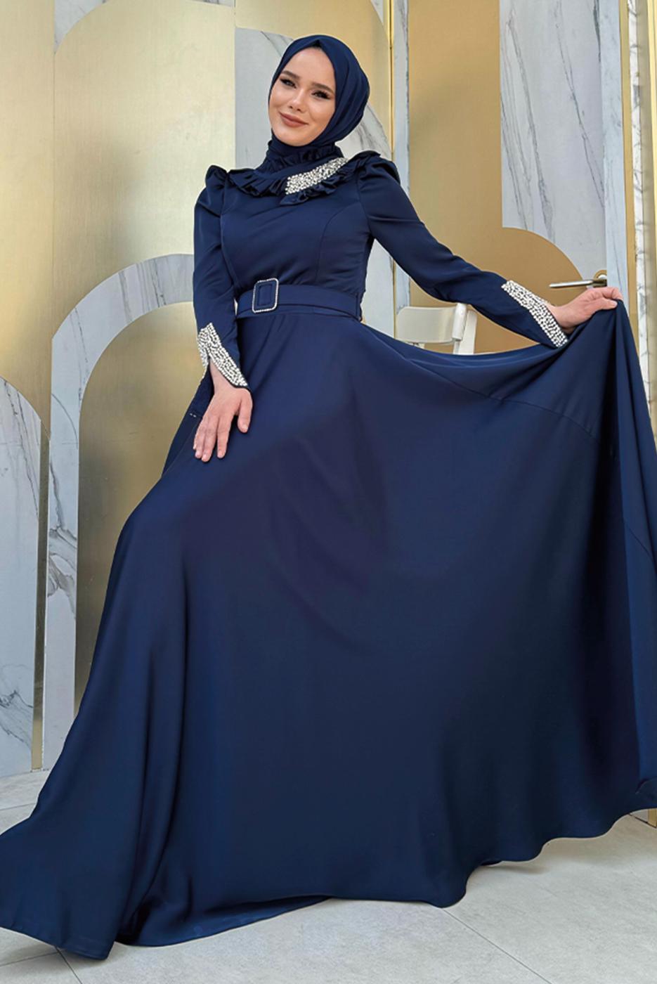 Tesettür giyim LACİVERT TAŞ DETAYLI ABİYE ELBİSE T 5511