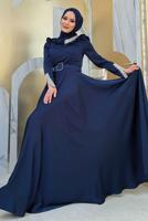 Tesettür giyim LACİVERT TAŞ DETAYLI ABİYE ELBİSE T 5511