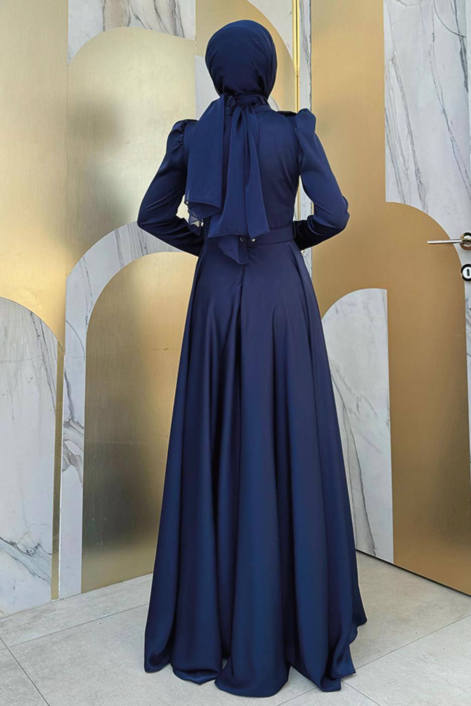 Tesettür giyim LACİVERT TAŞ DETAYLI ABİYE ELBİSE T 5511