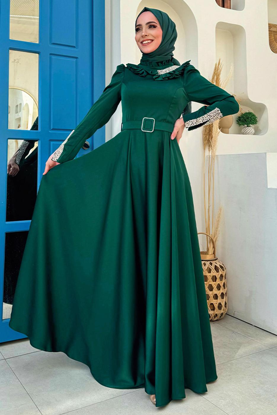 Tesettür giyim YEŞİL TAŞ DETAYLI ABİYE ELBİSE T 5511