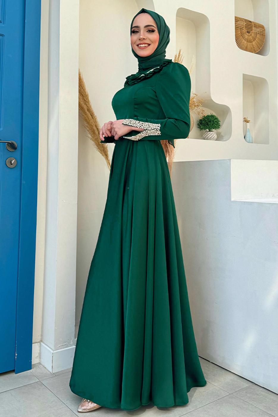 Tesettür giyim YEŞİL TAŞ DETAYLI ABİYE ELBİSE T 5511