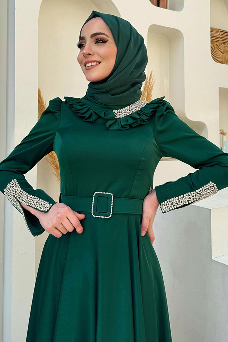 Tesettür giyim YEŞİL TAŞ DETAYLI ABİYE ELBİSE T 5511