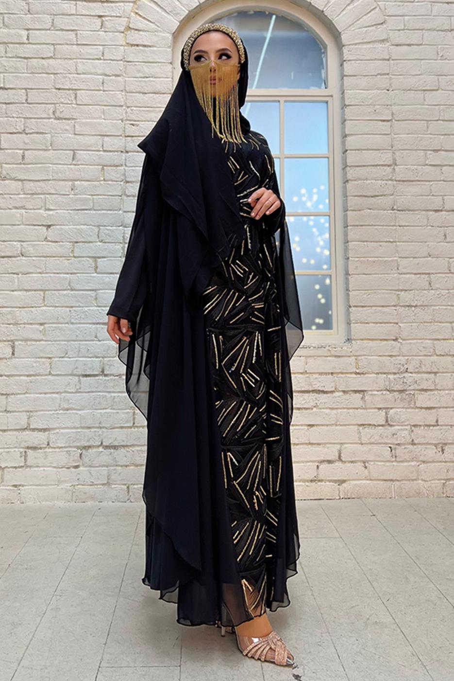 Tesettür giyim SİYAH PUL PAYETLİ ABİYE ELBİSELİ TAKIM T 5773