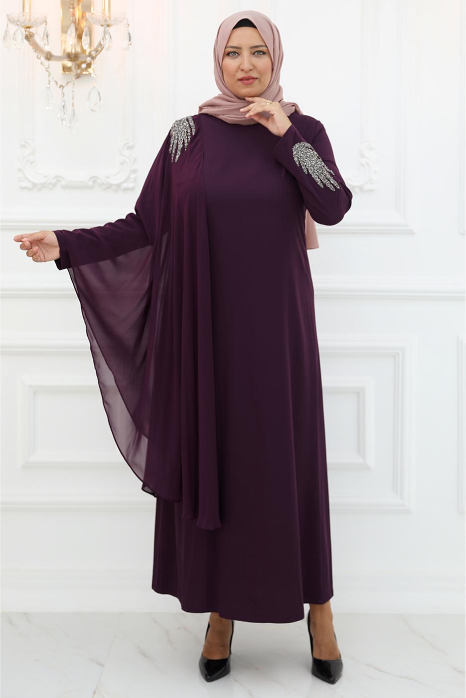 Hijab clothing PLUM EVENING DRESS WITH GEM T 5921