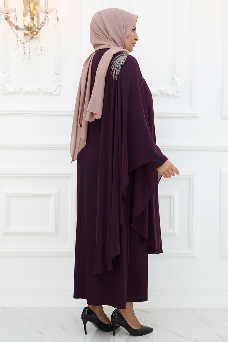 Hijab clothing PLUM EVENING DRESS WITH GEM T 5921