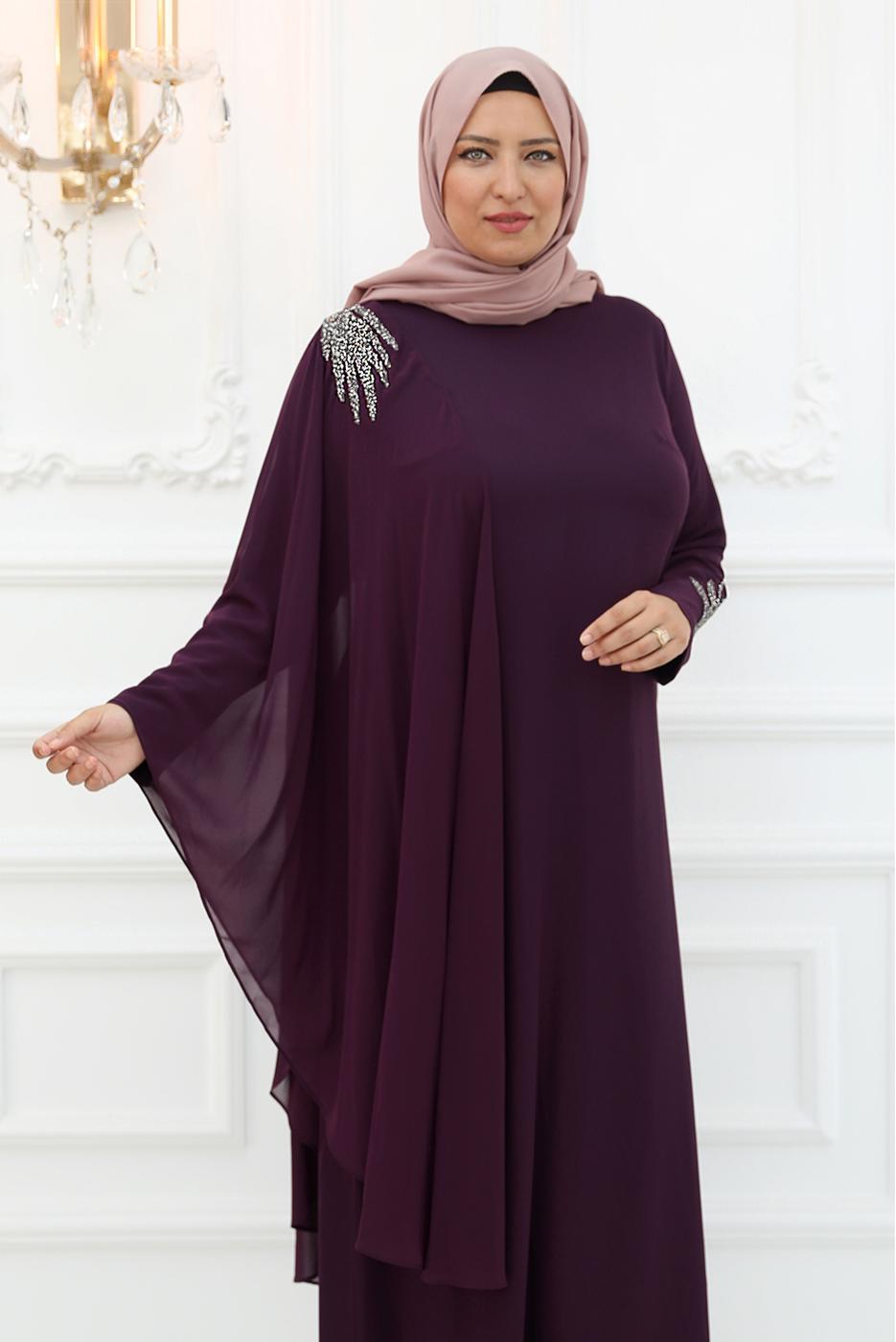 Hijab clothing PLUM EVENING DRESS WITH GEM T 5921