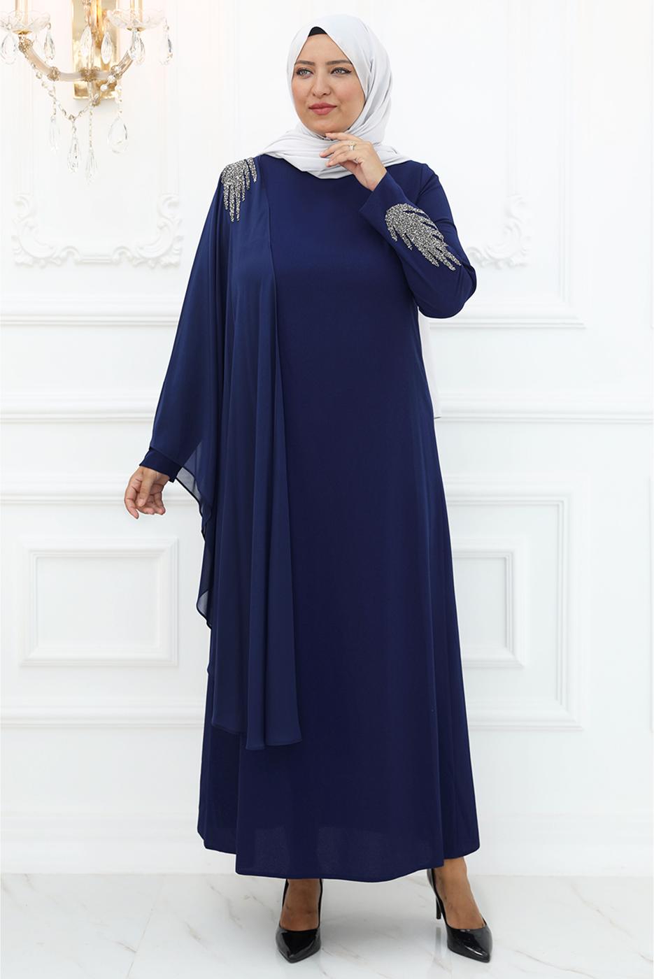 Tesettür giyim LACİVERT TAŞLI ABİYE ELBİSE T 5921