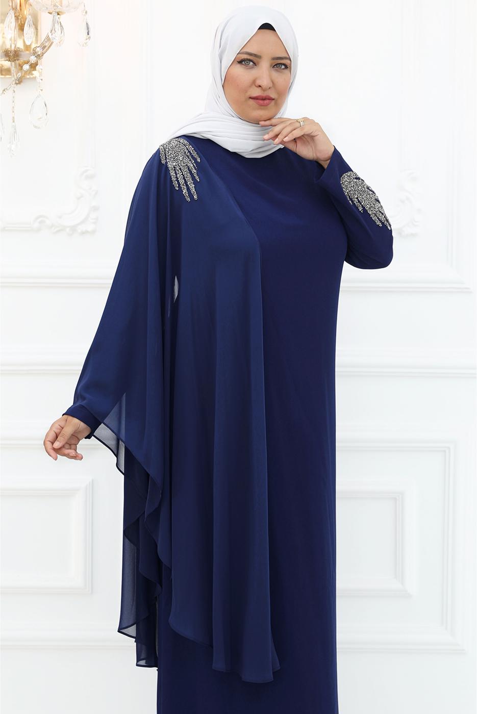 Tesettür giyim LACİVERT TAŞLI ABİYE ELBİSE T 5921
