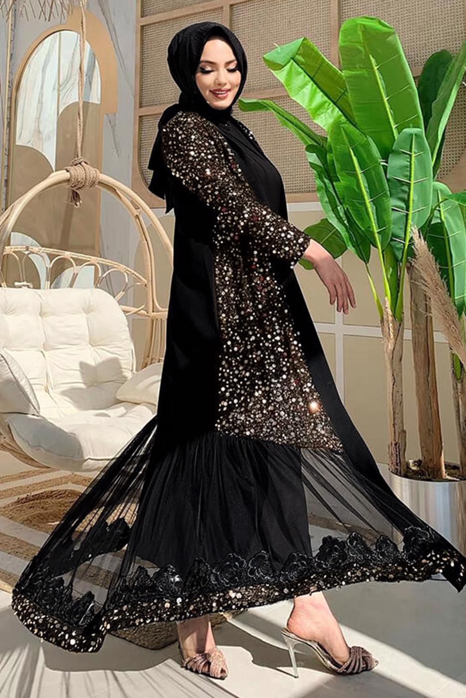 Tesettür giyim SİYAH PUL PAYETLİ ABAYA T 6737