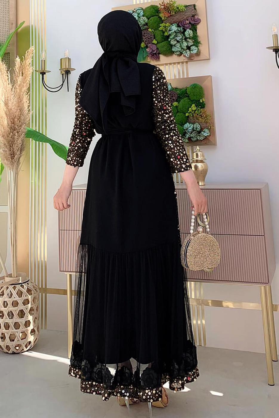 Tesettür giyim SİYAH PUL PAYETLİ ABAYA T 6737