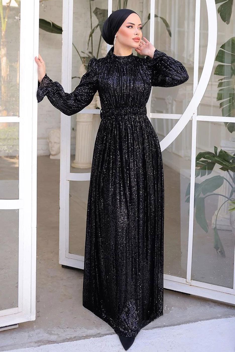 Tesettür giyim SİYAH PUL PAYETLİ ABİYE ELBİSE T 6944