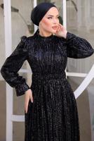 Tesettür giyim SİYAH PUL PAYETLİ ABİYE ELBİSE T 6944