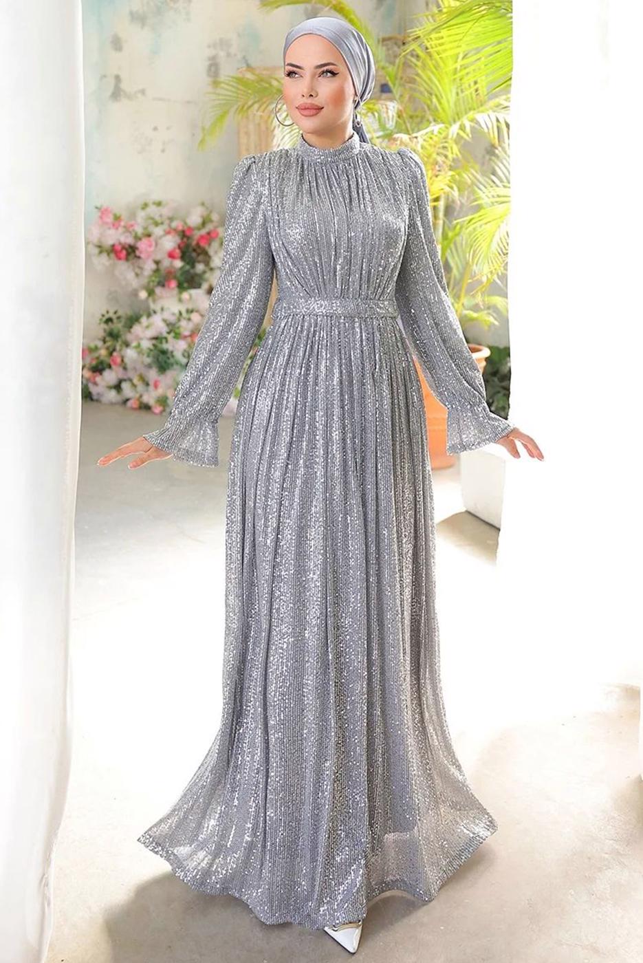 Tesettür giyim GRİ PUL PAYETLİ ABİYE ELBİSE T 6944