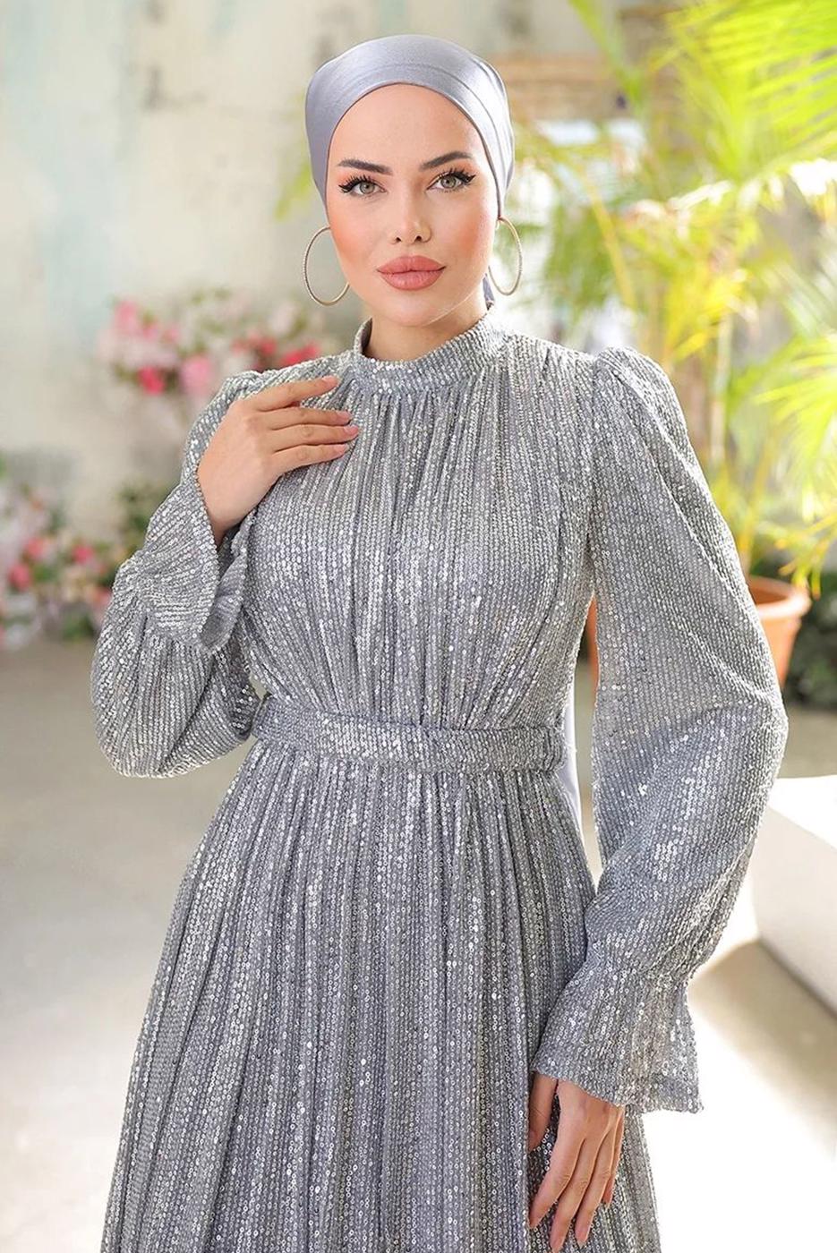 Tesettür giyim GRİ PUL PAYETLİ ABİYE ELBİSE T 6944