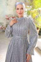 Tesettür giyim GRİ PUL PAYETLİ ABİYE ELBİSE T 6944