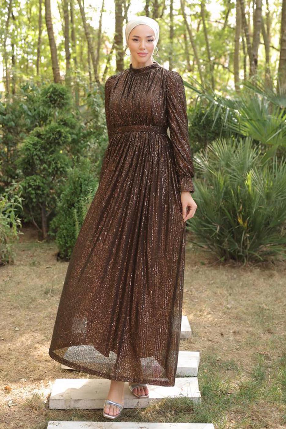 Tesettür giyim KAHVE PUL PAYETLİ ABİYE ELBİSE T 6944