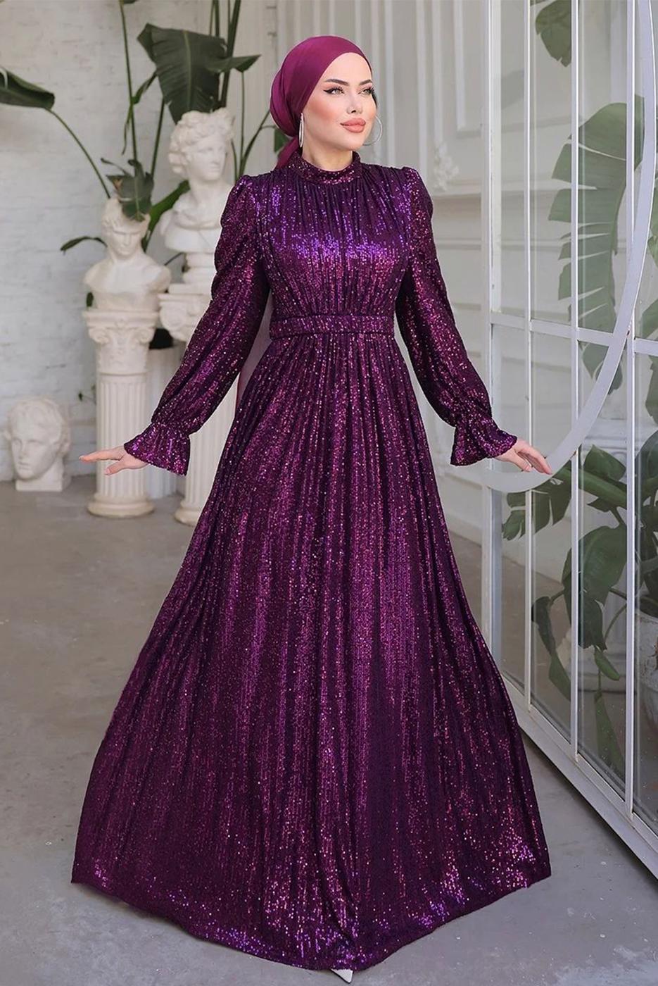 Tesettür giyim MÜRDÜM PUL PAYETLİ ABİYE ELBİSE T 6944