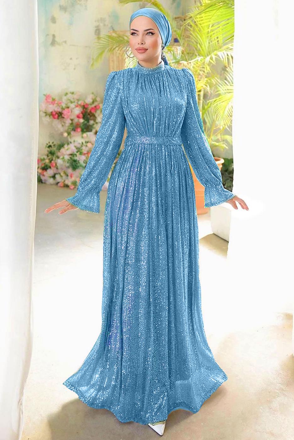 Tesettür giyim LACİVERT PUL PAYETLİ ABİYE ELBİSE T 6944