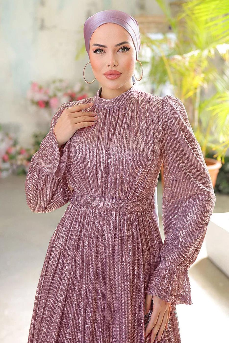 Tesettür giyim PUDRA PUL PAYETLİ ABİYE ELBİSE T 6944