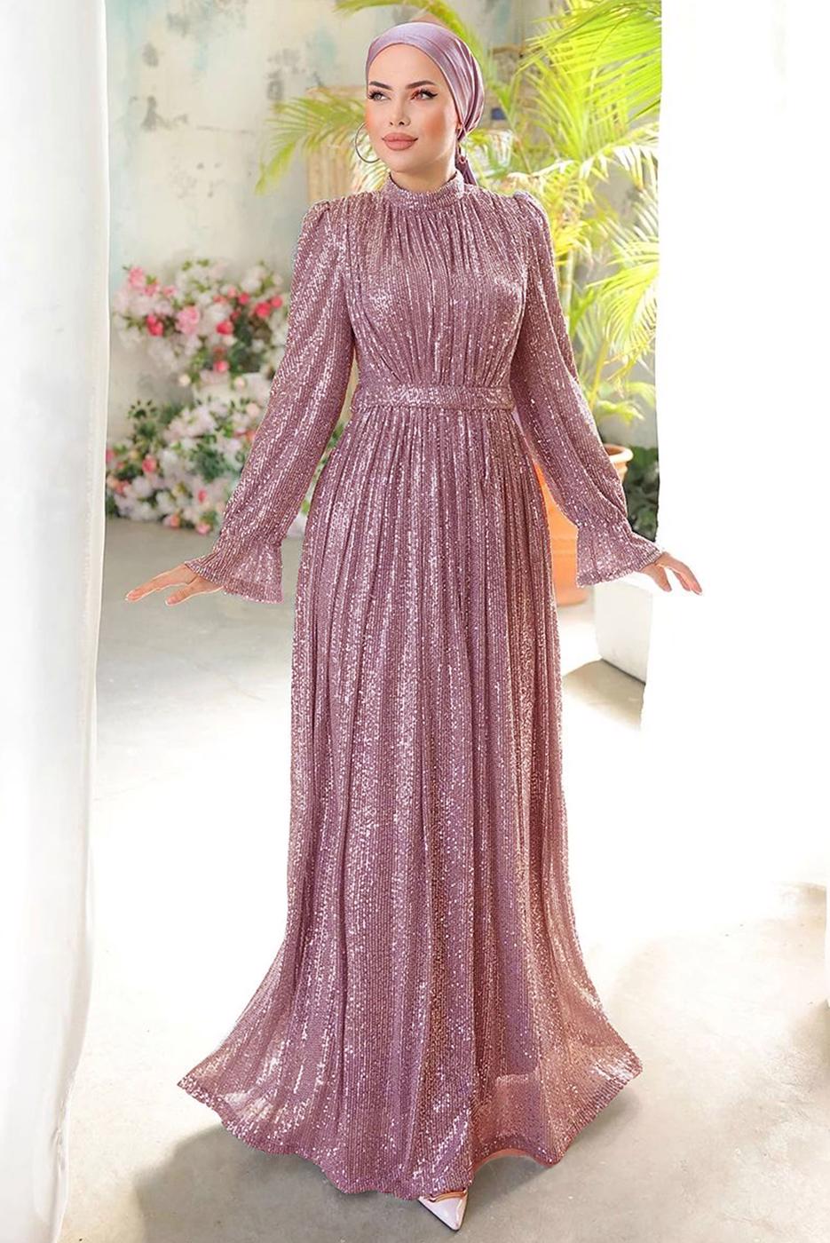 Tesettür giyim PUDRA PUL PAYETLİ ABİYE ELBİSE T 6944