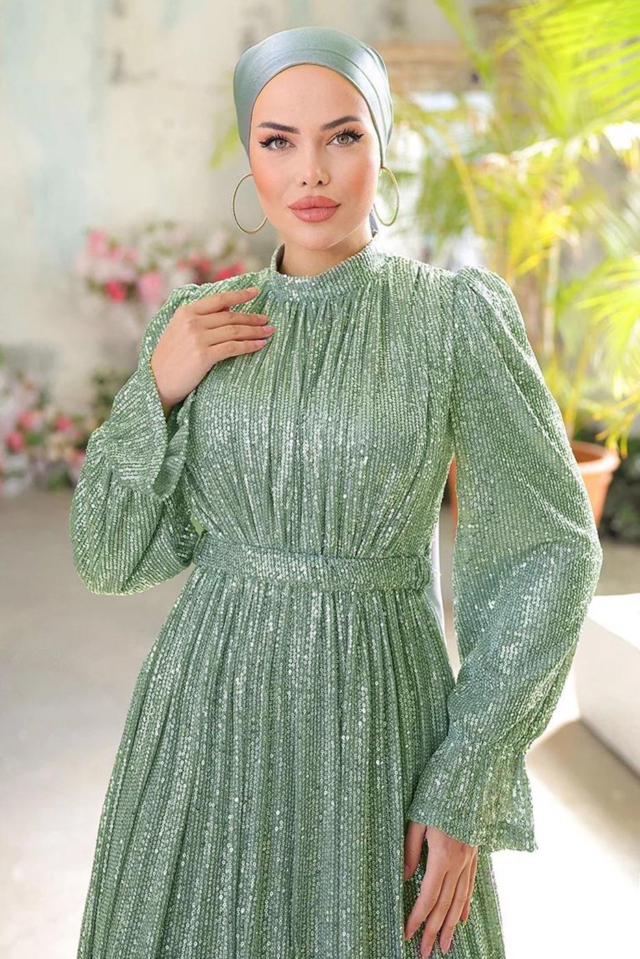 Tesettür giyim YEŞİL PUL PAYETLİ ABİYE ELBİSE T 6944