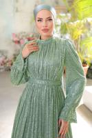 Tesettür giyim YEŞİL PUL PAYETLİ ABİYE ELBİSE T 6944