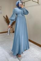 Tesettür giyim LACİVERT BALON KOL ABİYE ELBİSE T 6995