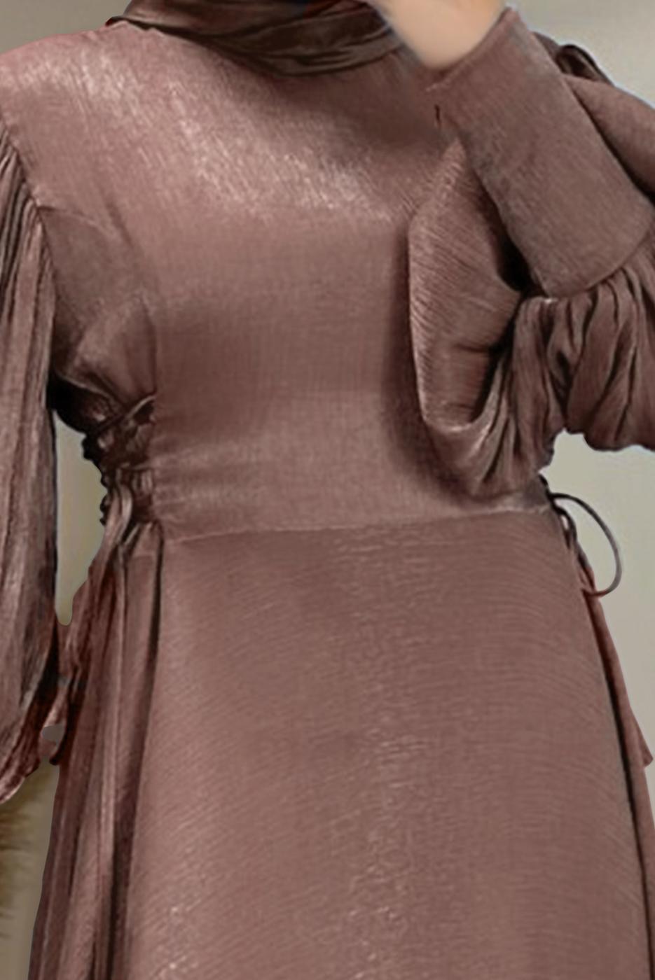 Tesettür giyim PEMBE BALON KOL ABİYE ELBİSE T 6995