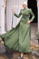 Tesettür giyim HAKİ TAŞLI SATEN ABİYE ELBİSE T 7654