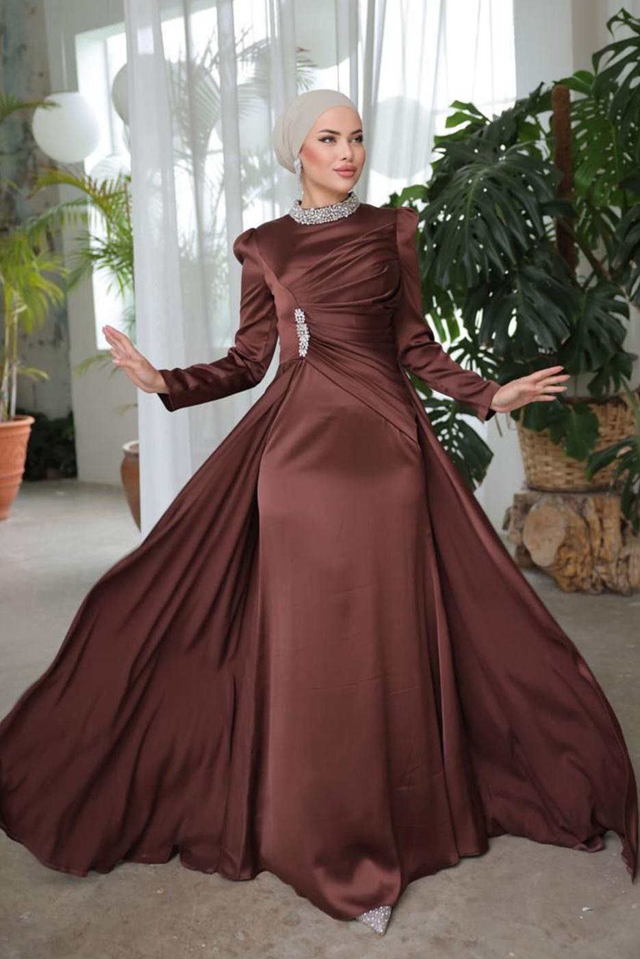 Tesettür giyim KAHVE TAŞLI SATEN ABİYE ELBİSE T 7654