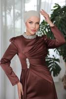 Tesettür giyim KAHVE TAŞLI SATEN ABİYE ELBİSE T 7654