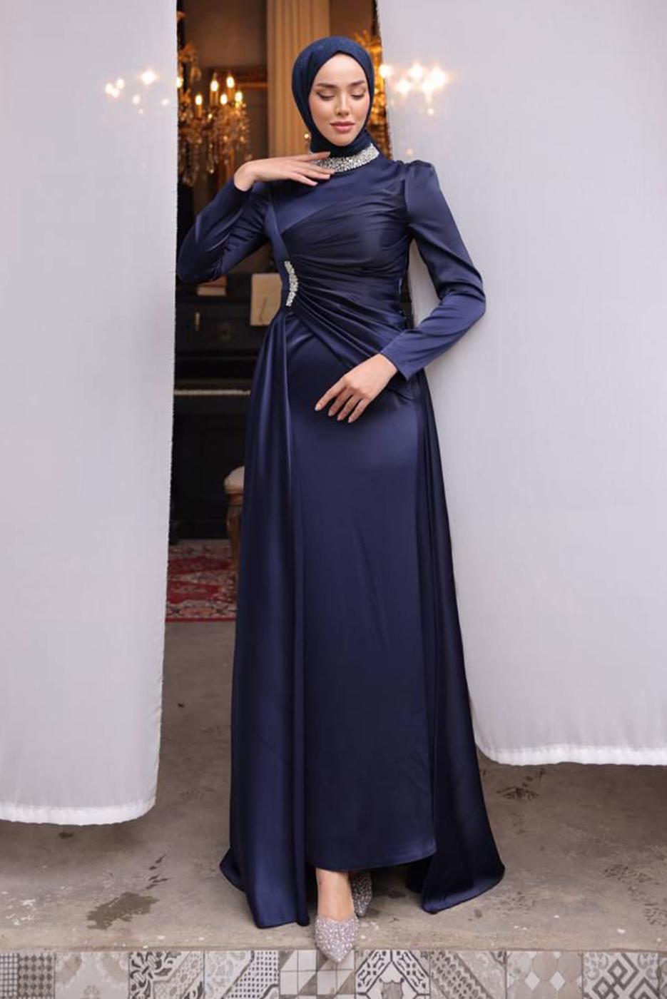 Tesettür giyim LACİVERT TAŞLI SATEN ABİYE ELBİSE T 7654