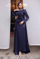 Tesettür giyim LACİVERT TAŞLI SATEN ABİYE ELBİSE T 7654