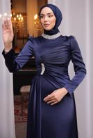 Tesettür giyim LACİVERT TAŞLI SATEN ABİYE ELBİSE T 7654