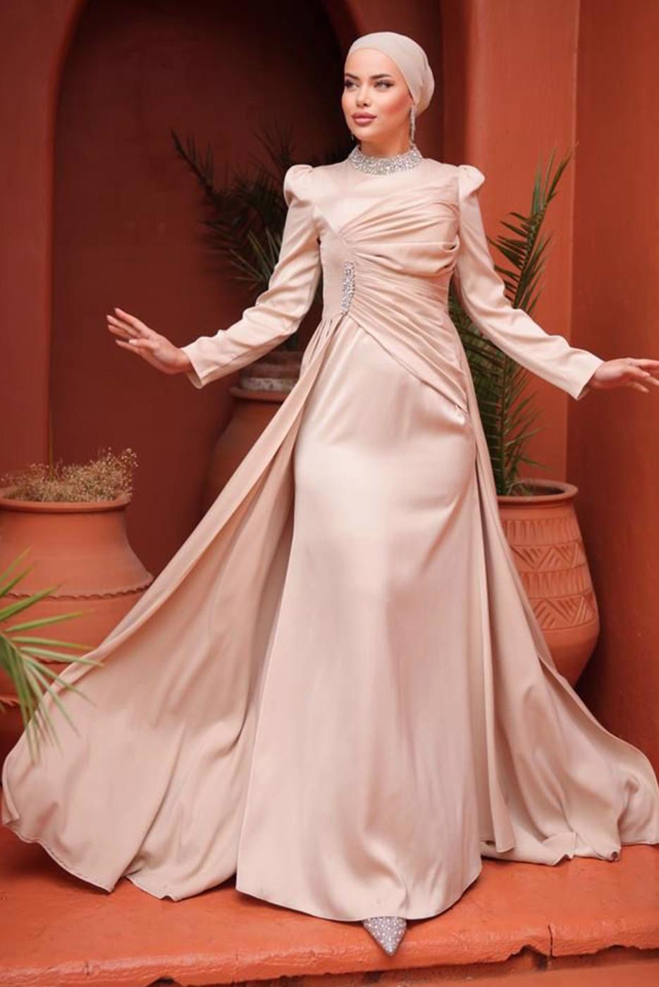 Tesettür giyim VİZON TAŞLI SATEN ABİYE ELBİSE T 7654