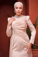 Tesettür giyim VİZON TAŞLI SATEN ABİYE ELBİSE T 7654