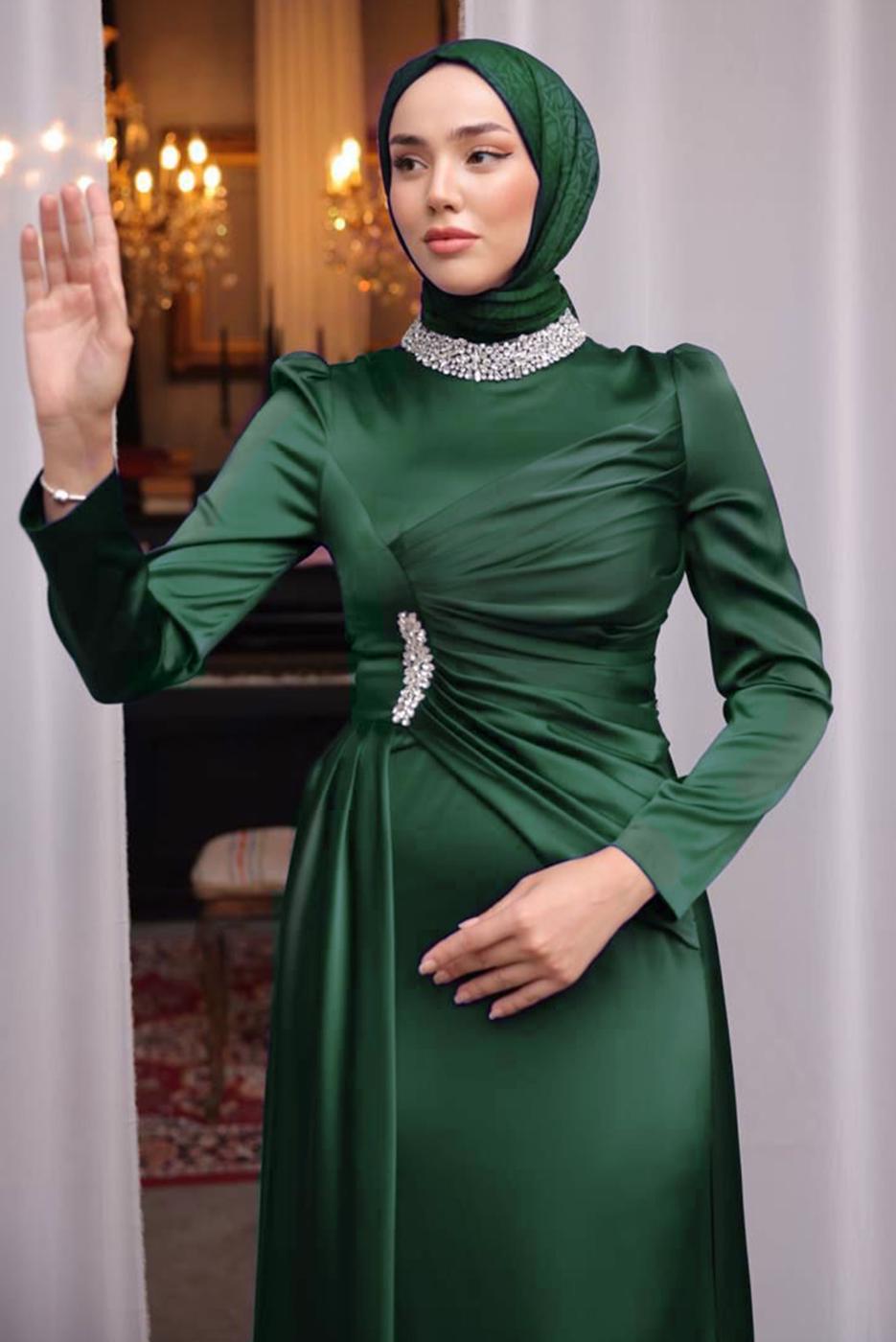 Tesettür giyim YEŞİL TAŞLI SATEN ABİYE ELBİSE T 7654