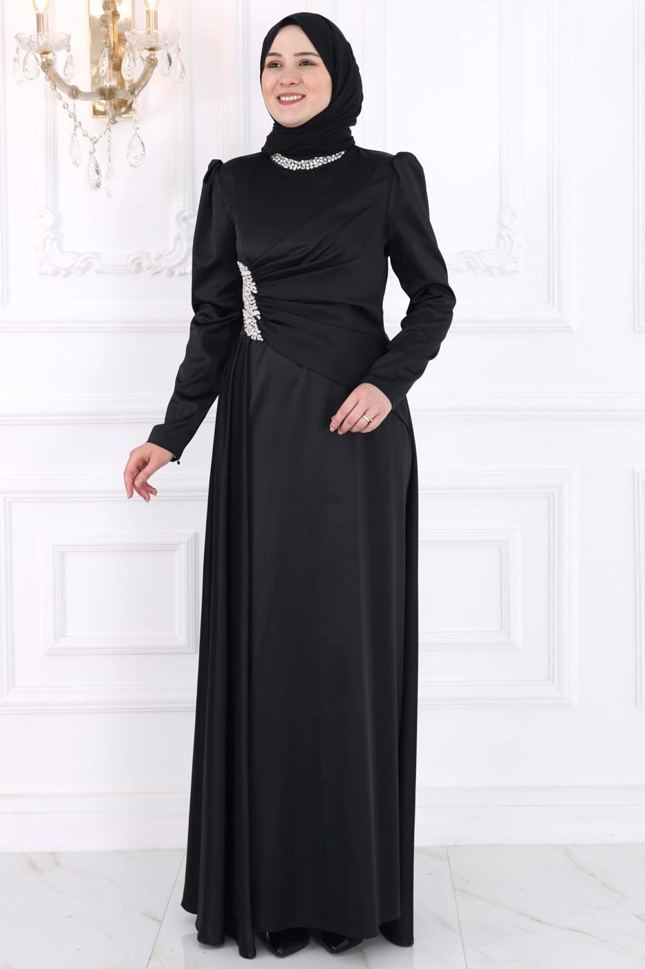 Vêtements hijab NOIR ROBE DE SOIRÉE À DÉTAILS DE PIERRES PRÉCIEUSES T 7853