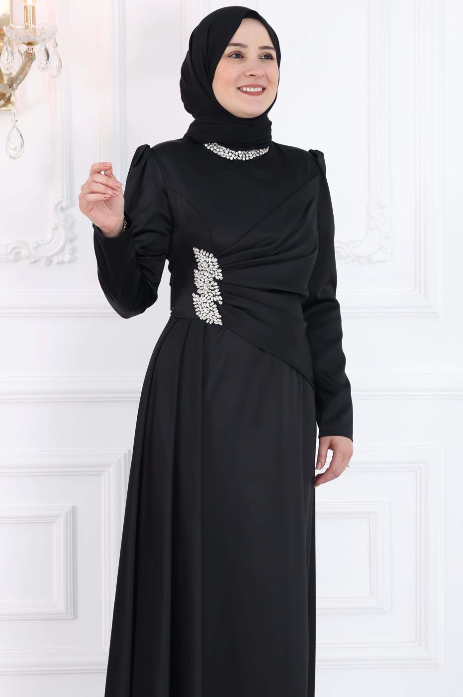 Vêtements hijab NOIR ROBE DE SOIRÉE À DÉTAILS DE PIERRES PRÉCIEUSES T 7853