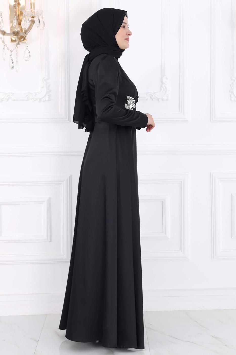 Vêtements hijab NOIR ROBE DE SOIRÉE À DÉTAILS DE PIERRES PRÉCIEUSES T 7853