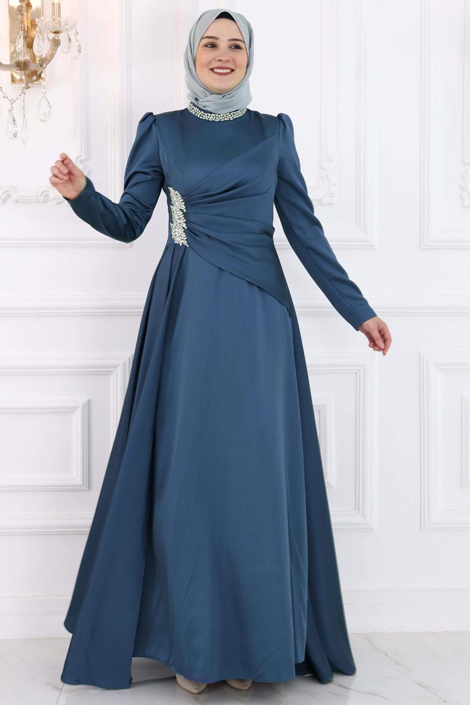 Vêtements hijab BLEU MARINE ROBE DE SOIRÉE À DÉTAILS DE PIERRES PRÉCIEUSES T 7853