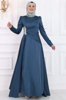 Vêtements hijab BLEU MARINE ROBE DE SOIRÉE À DÉTAILS DE PIERRES PRÉCIEUSES T 7853